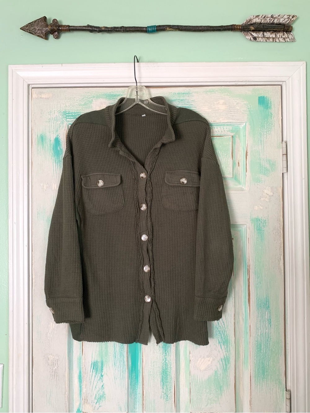 Army Green Waffle Knit Thermal Button Up Blouse Size Small